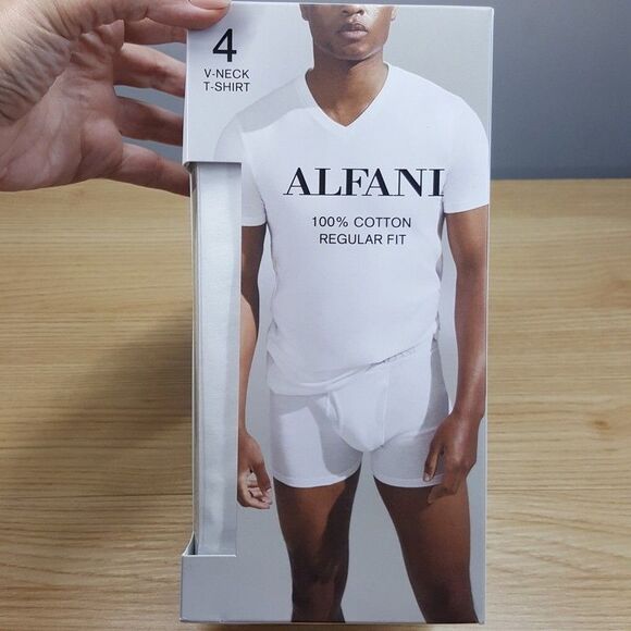 ALFANI Shirt Mens Large Solid White 4-Pack V-Neck T-Shirt 100% Cotton Tagless - Picture 1 of 5